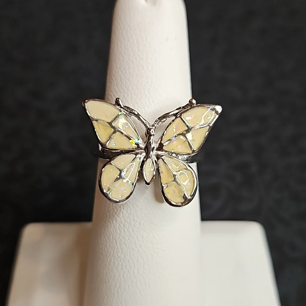 Sliver Plated Butterfly Ring with an Iridescent Design Size 7 - Picture 4 of 5